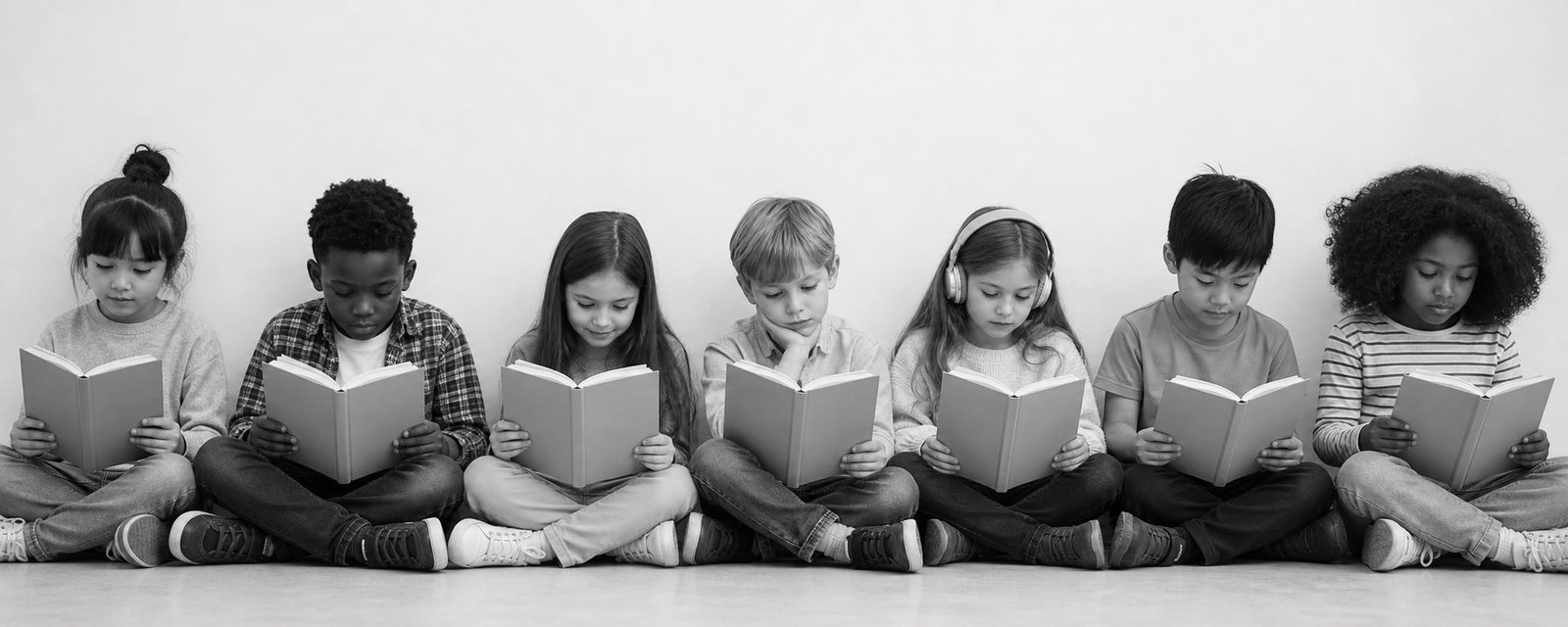 A diverse group of children engaging with stories through books, tablets, headphones, and visual communication tools.